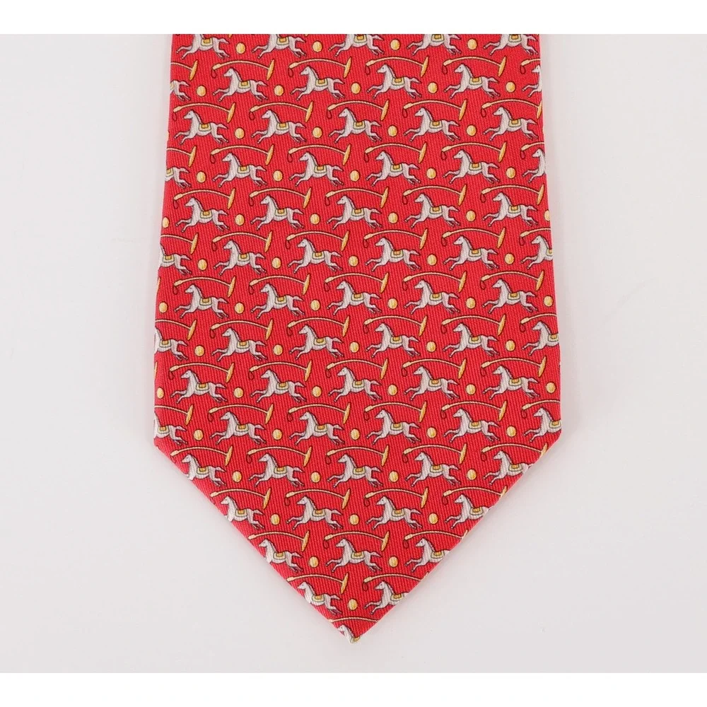Salvatore Ferragamo Silk Necktie Tie Red Horse Equestrian Novelty Print Italy